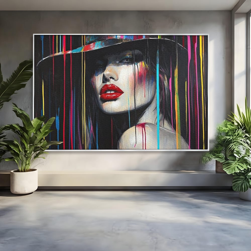 Tablou canvas cu tablou canvas cu portret de femeie si buze rosii, in rama de aluminiu argintiu